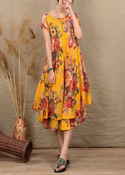 Yellow Patchwork Cotton Exra Large Hem Dresses O Neck Summer