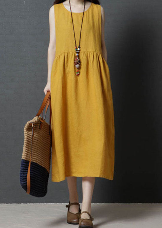 Yellow Patchwork Cotton Long Dress O Neck Wrinkled Sleeveless