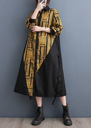 Yellow Patchwork Cotton Long Dresses Asymmetrical Fall