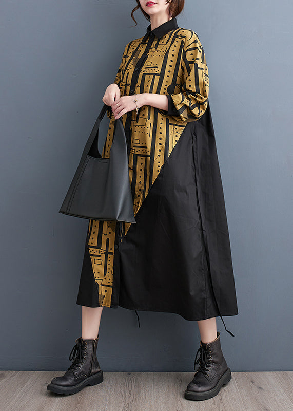 Yellow Patchwork Cotton Long Dresses Asymmetrical Fall