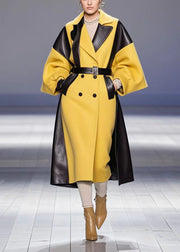 Yellow Patchwork Faux Leather Woolen Trench Double Breast Fall