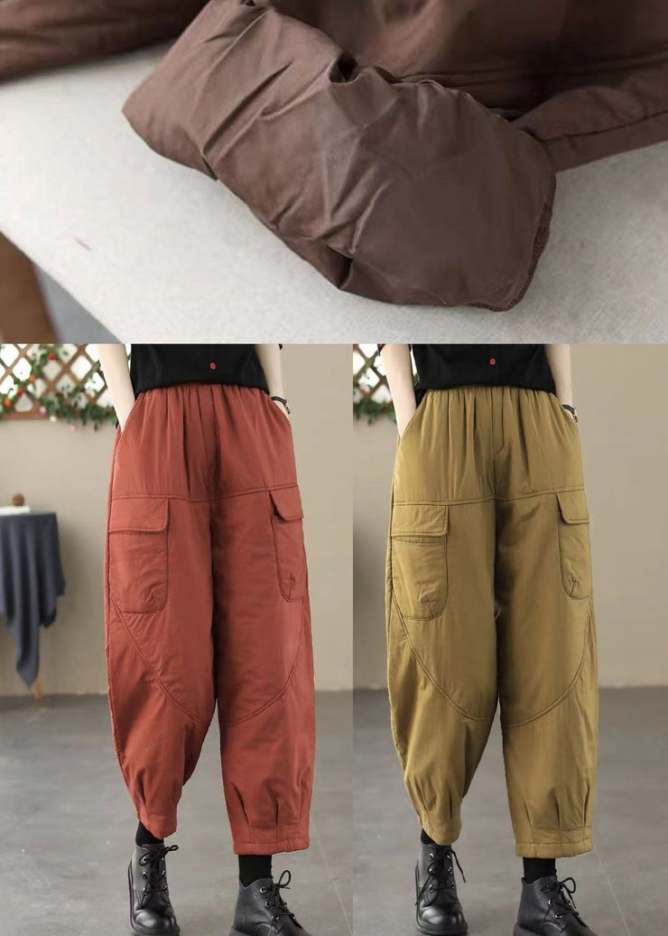 Yellow Patchwork Fine Cotton Filled Harem Pants Elastic Waist Winter