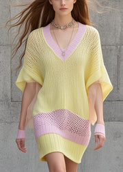 Yellow Patchwork Knit Long Sweater Hollow Out Fall