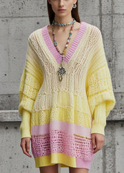 Yellow Patchwork Knitwear Dress V Neck Hollow Out Fall