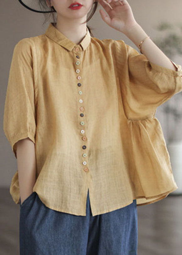 Yellow Patchwork Linen Blouse Tops Peter Pan Collar Half Sleeve