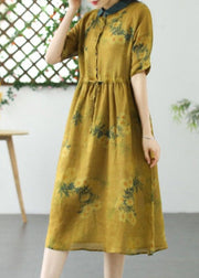 Yellow Patchwork Linen Dress Peter Pan Collar Drawstring Summer