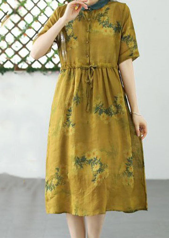 Yellow Patchwork Linen Dress Peter Pan Collar Drawstring Summer