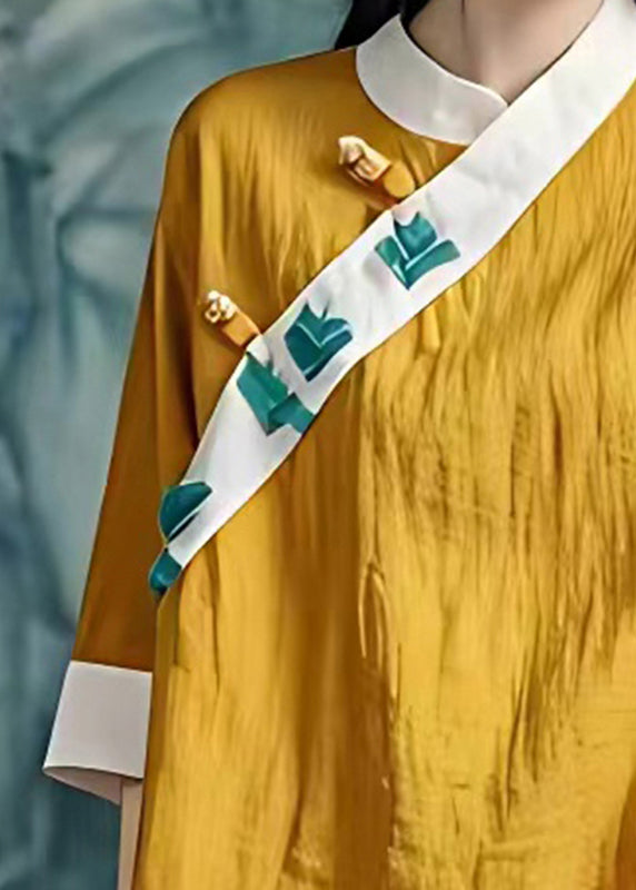 Yellow Patchwork Linen Shirt Tops Chinese Button Summer