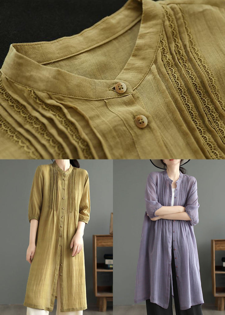 Yellow Patchwork Linen Shirts Dresses Stand Collar Button Summer