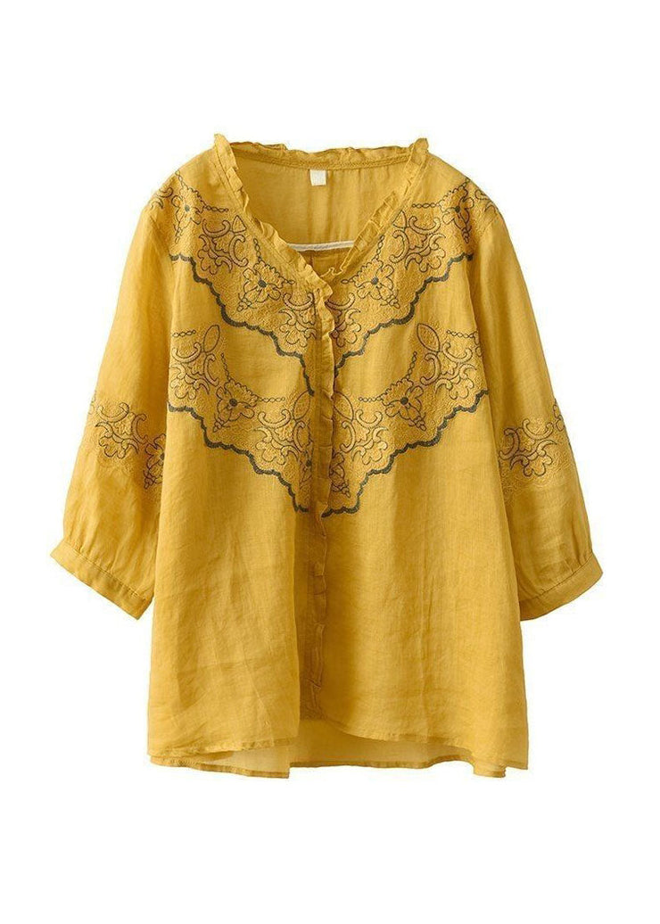 Yellow Patchwork Linen Top Ruffled V Neck Summer