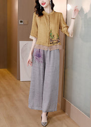 Yellow Patchwork Linen Two Pieces Set Stand Collar Embroideried Summer