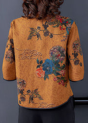 Yellow Patchwork Print Silk Shirt Top Chinese Button Spring