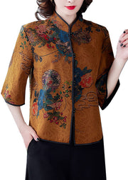 Yellow Patchwork Print Silk Shirt Top Chinese Button Spring