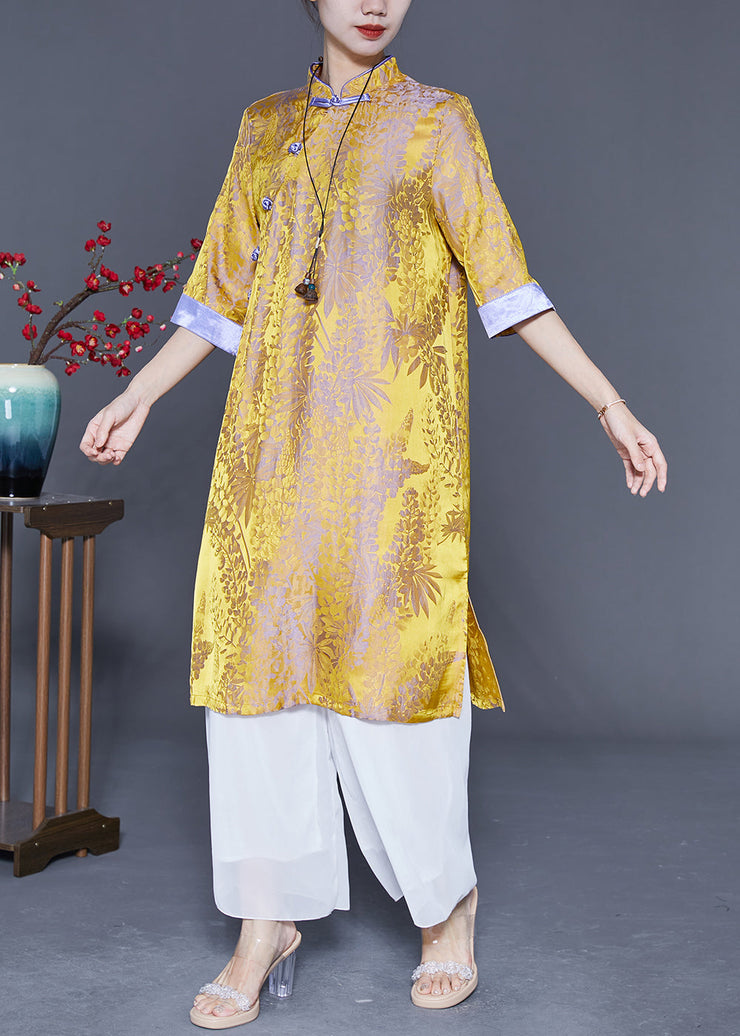 Yellow Patchwork Silk Chinese Style Dress Print Half Sleeve