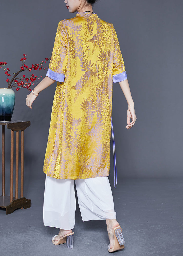 Yellow Patchwork Silk Chinese Style Dress Print Half Sleeve