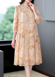 Yellow Patchwork Silk Dress Embroideried Wrinkled Summer