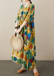 Yellow Patchwork Wrinkled Vacation Maxi Dresses Half Sleeve