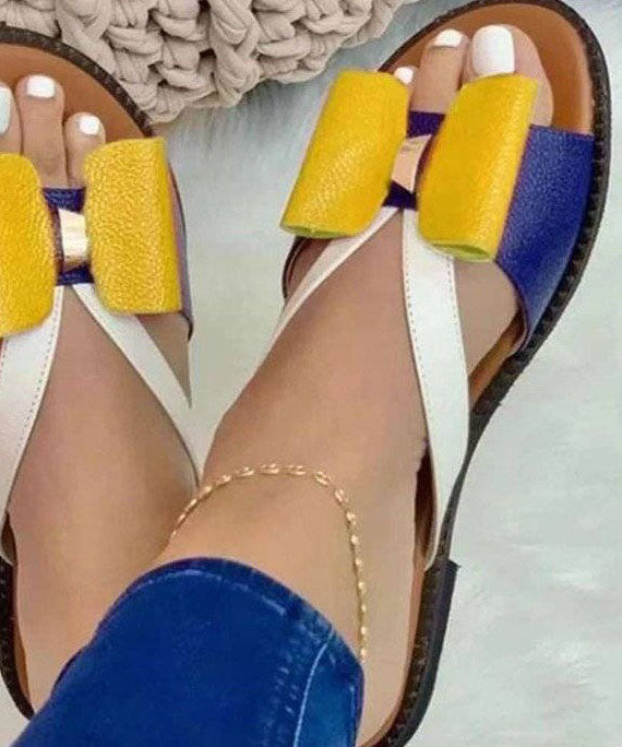 Yellow Peep Toe Faux Leather Vintage Splicing Bow Slide Sandals