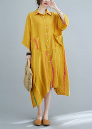 Yellow Peter Pan Collar Button Long Shirts Dress Half Sleeve