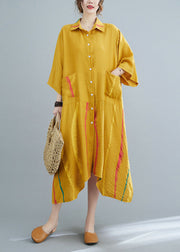 Yellow Peter Pan Collar Button Long Shirts Dress Half Sleeve