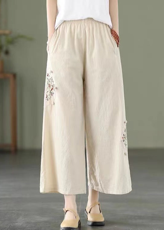 Yellow Pockets Cotton Wide Leg Pants Elastic Waist