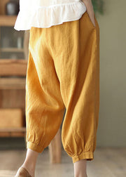 Yellow Pockets Elastic Waist Linen Crop Pants Ruffled Summer