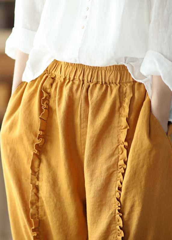 Yellow Pockets Elastic Waist Linen Crop Pants Ruffled Summer