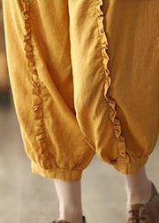 Yellow Pockets Elastic Waist Linen Crop Pants Ruffled Summer