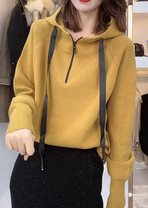 Yellow Pockets Knit Pullover Sweatshirt Zip Up Drawstring Long Sleeve