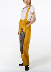 Yellow Pockets Patchwork Print Denim Jumpsuit Pants Summer