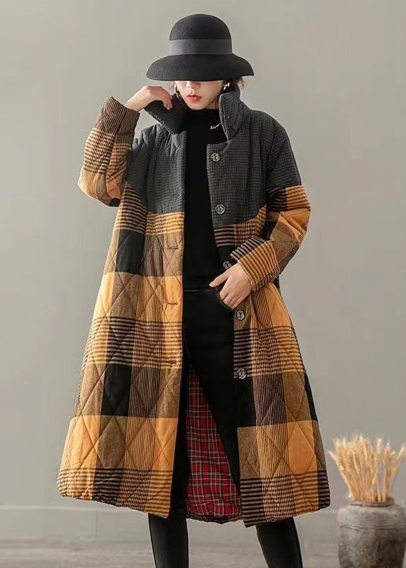 Yellow Pockets Plaid Patchwork Fine Cotton Filled Coats Button Winter