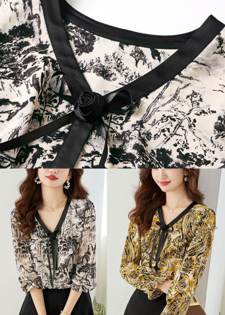 Yellow Print Chiffon Blouse Tops V Neck Floral Lantern Sleeve