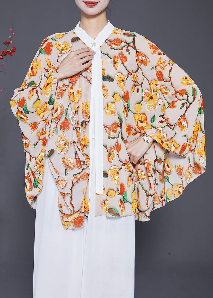 Yellow Print Chiffon Blouses Oversized Batwing Sleeve