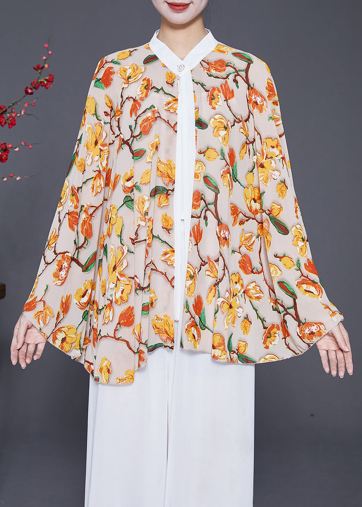 Yellow Print Chiffon Blouses Oversized Batwing Sleeve