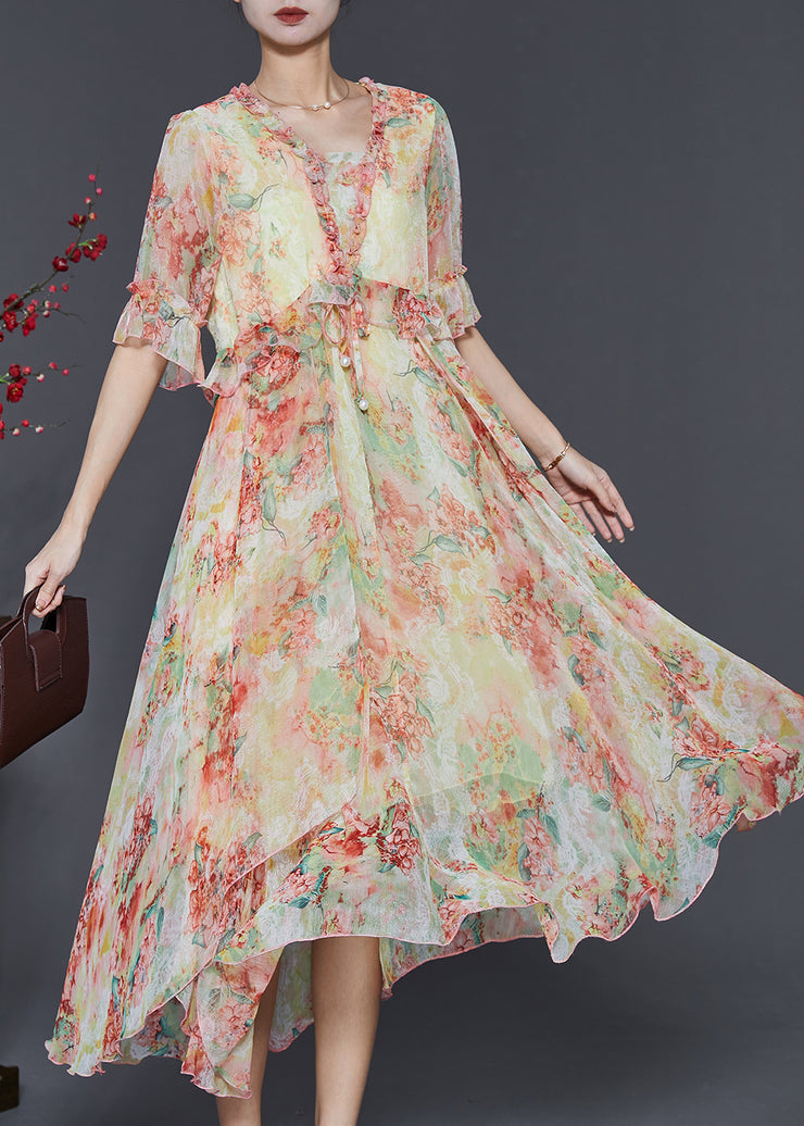 Yellow Print Chiffon Cinched Dress Ruffled Summer