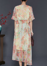 Yellow Print Chiffon Cinched Dress Ruffled Summer