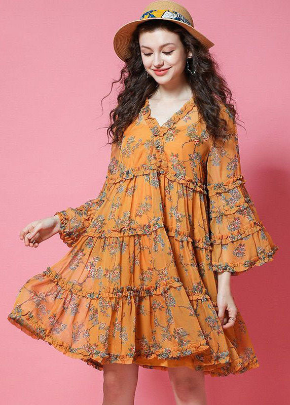 Yellow Print Chiffon Holiday Dresses Ruffled Lantern Sleeve