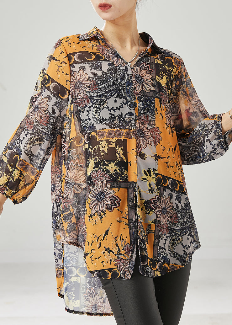 Yellow Print Chiffon Shirt Tops Oversized Draping Spring