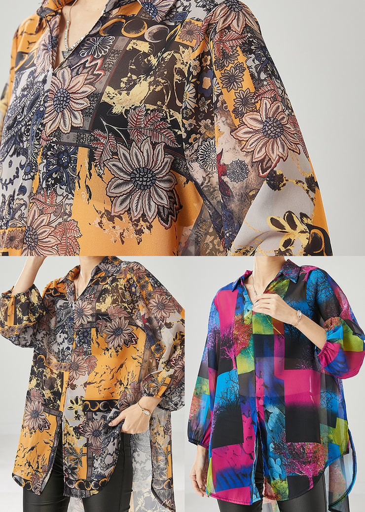 Yellow Print Chiffon Shirt Tops Oversized Draping Spring