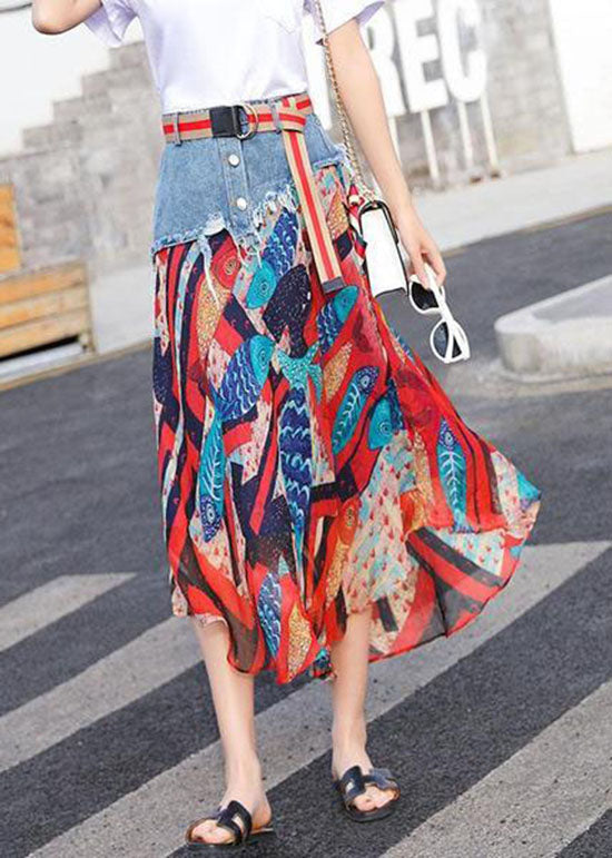 Yellow Print Chiffon Skirts Patchwork Denim Summer