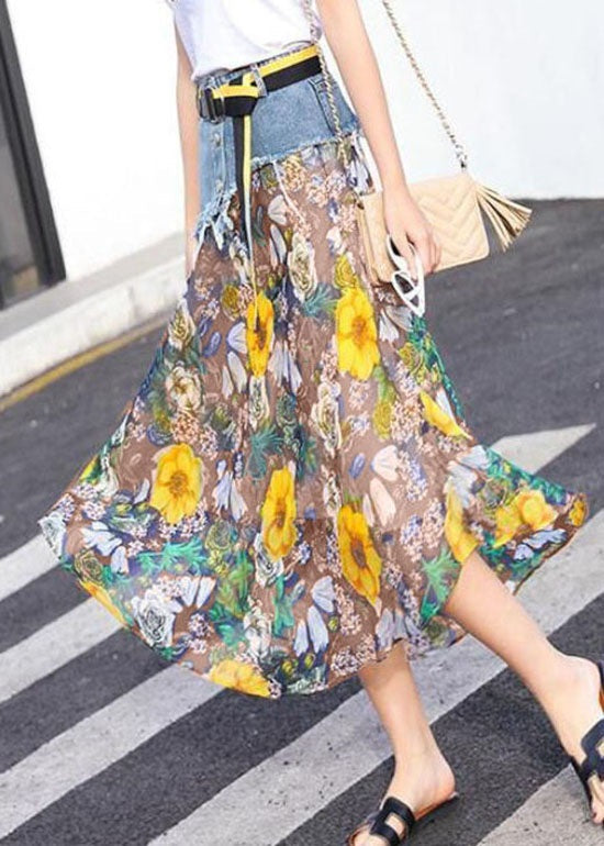 Yellow Print Chiffon Skirts Patchwork Denim Summer