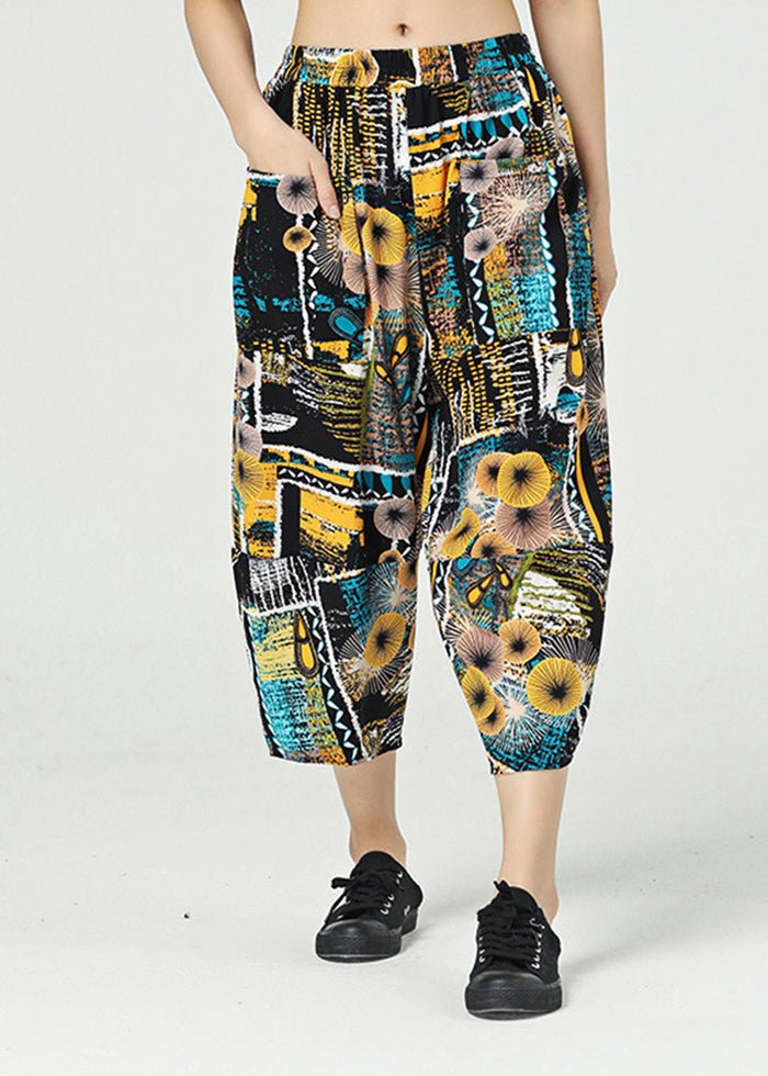 Yellow Print Cotton Harem Pants Elastic Waist Oversized Summer