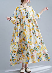 Yellow Print Cotton Holiday Dress Oversized Wrinkled Half Sleeve