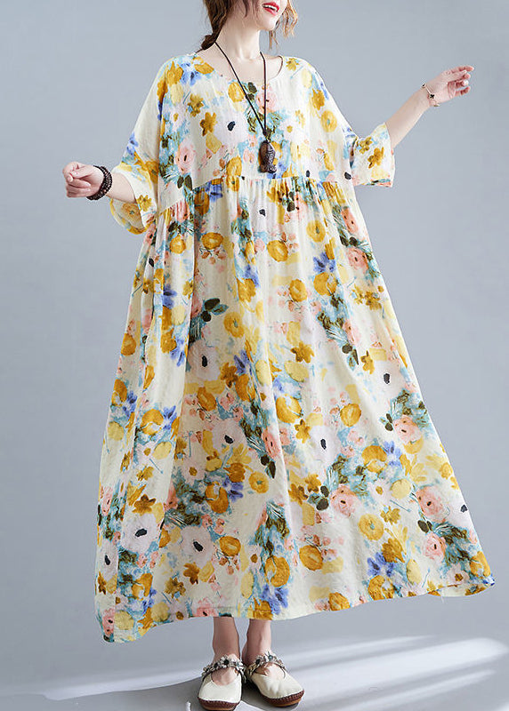 Yellow Print Cotton Holiday Dress Oversized Wrinkled Half Sleeve