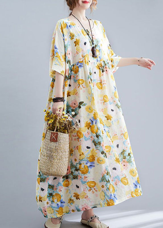 Yellow Print Cotton Holiday Dress Oversized Wrinkled Half Sleeve