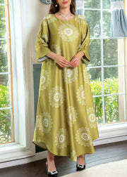 Yellow Print Cotton Long Dresses O Neck Half Sleeve