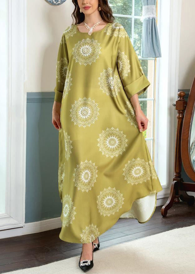 Yellow Print Cotton Long Dresses O Neck Half Sleeve