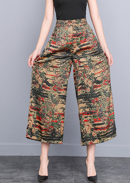 Yellow Print Elastic Waist Silk Wide Leg Pants Summer