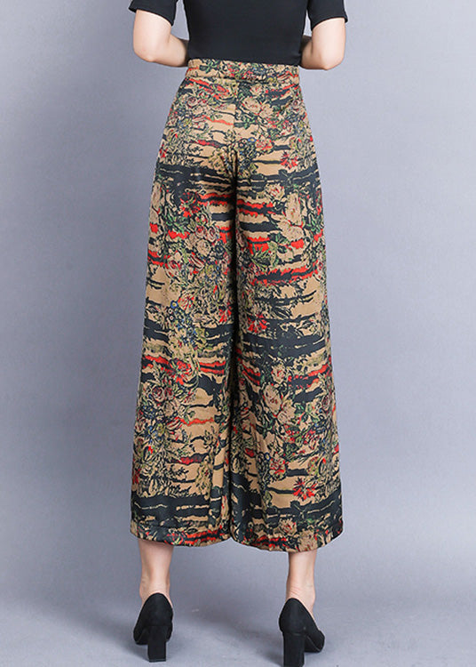 Yellow Print Elastic Waist Silk Wide Leg Pants Summer