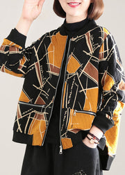 Yellow Print Fine Cotton Filled Womens Parka Stand Collar Zip Up Winter